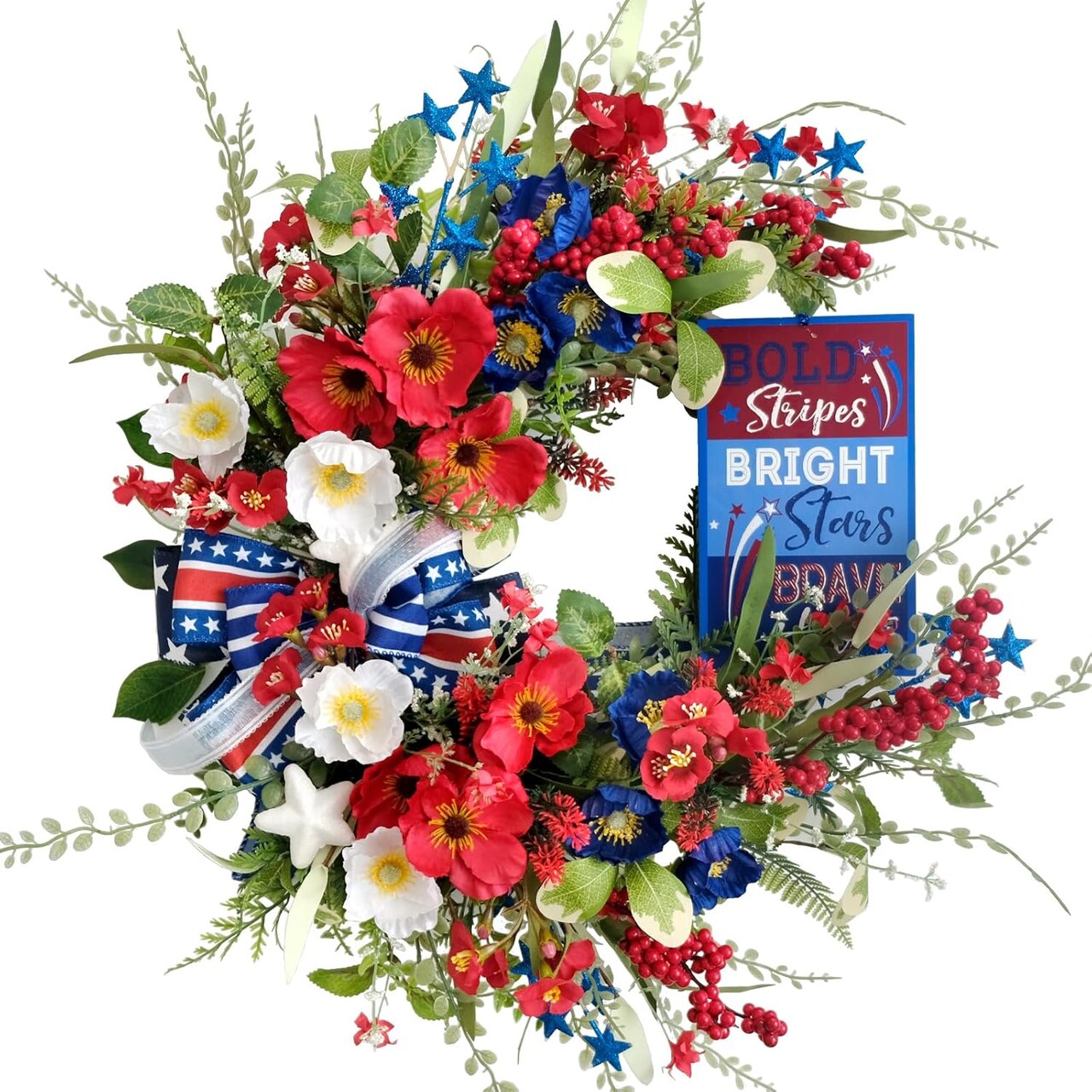 Handcrafted Patriotic Wreath for Front Door - 4th of July Wreath with Silk Poppies